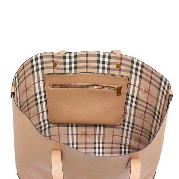 1.8k$ Burberry Light Camel XL Grainy Leather Haymarket Check Tote Purse Bag - Picture 9 of 16